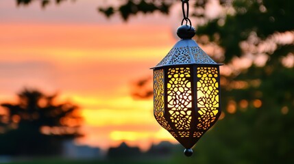 beautiful traditional ramadan a golden arabic lantern glowing at sunset by a tranquil lake with a scenic view of a mosque silhouette and starry sunset sky