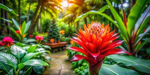 Obraz premium Exotic Paradise Flower in Full Bloom , botanical garden, lush greenery