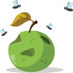 Rotten Apple Surrounded by Flies Vector Cartoon Illustration. Rotting  damaged fruit eaten by insects 