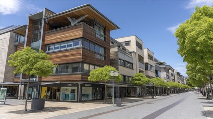 Modern architecture lines a busy shopping street, showcasing diverse storefronts and urban energy - background pattern abstract design seamless