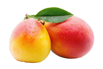 Close-up view of two ripe, colorful mangoes, displaying vibrant yellow and red hues, with visible water droplets.