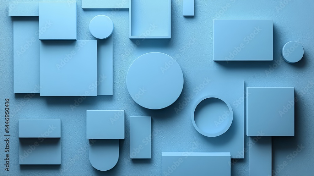 Poster serenity in geometry: an arrangement of pastel blue shapes, a 3d composition of minimalist forms and