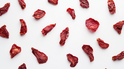 Dehydrated red tomato slices scattered on white background