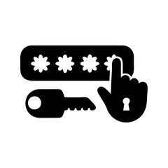 Password entry with asterisks, key symbol and hand security concept