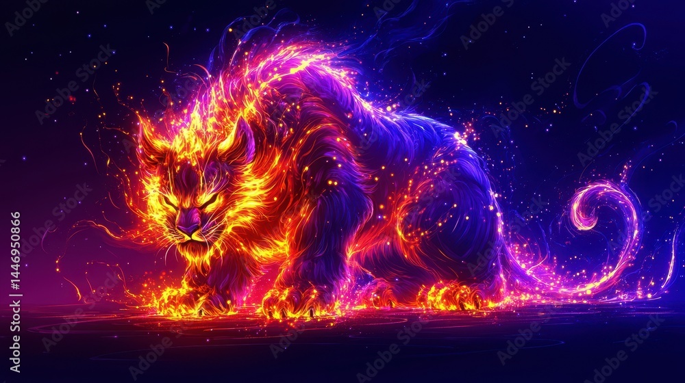 Poster fiery feline constellation with glowing particles and nebula effect in deep space illustration symbo