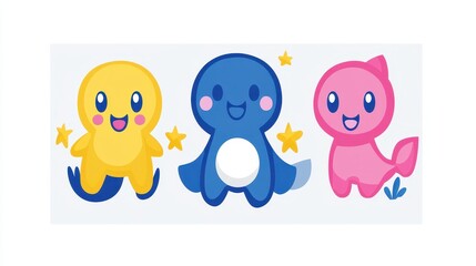 Obraz premium Cute pixel art monsters adorable cartoon characters yellow blue pink kawaii creatures digital illustration playful fantasy world vibrant