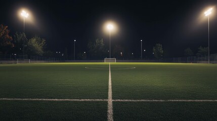 Fototapeta premium Empty soccer field at night illuminated by bright floodlights.