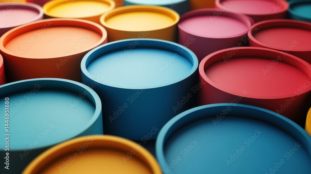 Poster colorful circular structures: a vibrant abstract composition with harmonious tones in cylindrical fo