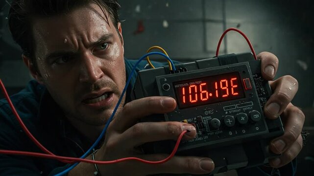 Man defusing bomb against the clock