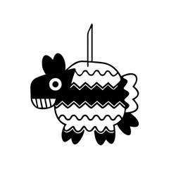 Monochrome donkey pinata drawing with decorative stripes for festive celebration