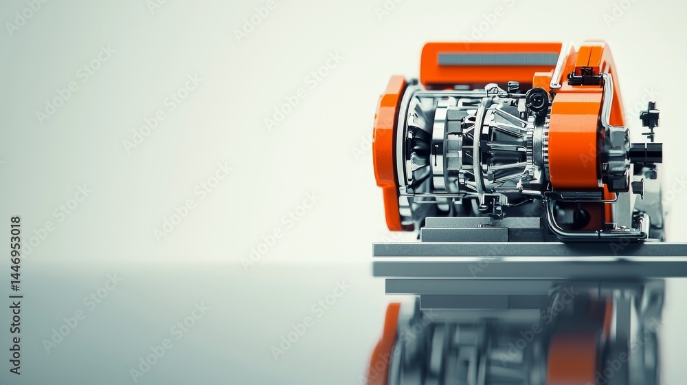 Poster a close-up view of an intricate engine, showcasing its modern design and engineering.