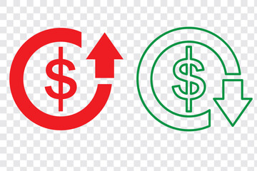 Cost reduction and rise up icon. Dollar increase and reduce arrow sign. Money rotation business symbol. Currency exchange. Vector elements isolated.