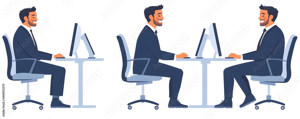 Poster three illustrations of a man using computers at a desk