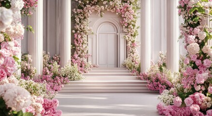 Naklejka premium A romantic floral archway entrance adorned with delicate pink and white blossoms.