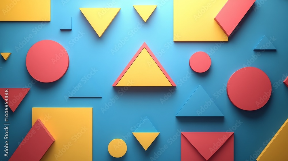 Poster harmonic arrangement of elementary geometric shapes on a sky blue plane surface generating a calming