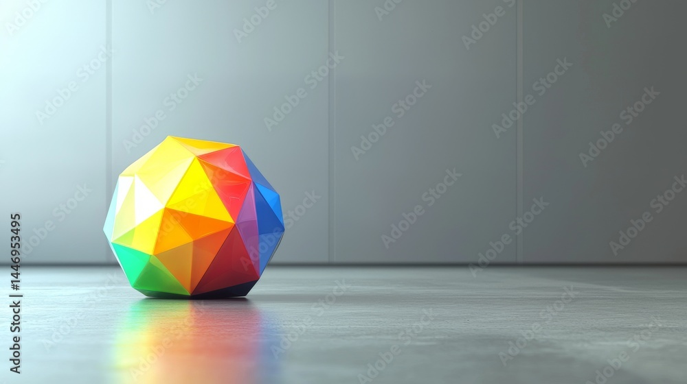 Poster a colorful geometric shape on a minimalist surface with soft lighting.