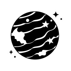 A Stylized Black and White Illustration of a Gas Giant Planet with Stars