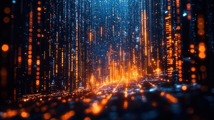 Abstract digital pathway with vibrant lines and particles