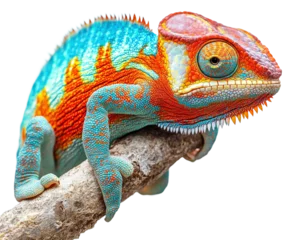 Fotobehang Kameleon Colorful chameleon on branch nature wildlife isolated on transparent background  © Luminara