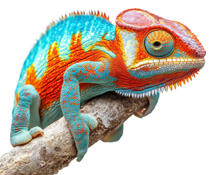 Colorful chameleon on branch nature wildlife isolated on transparent background