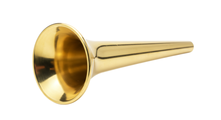 Golden trumpet in horizontal position on a plain white surface showing its elegant curves