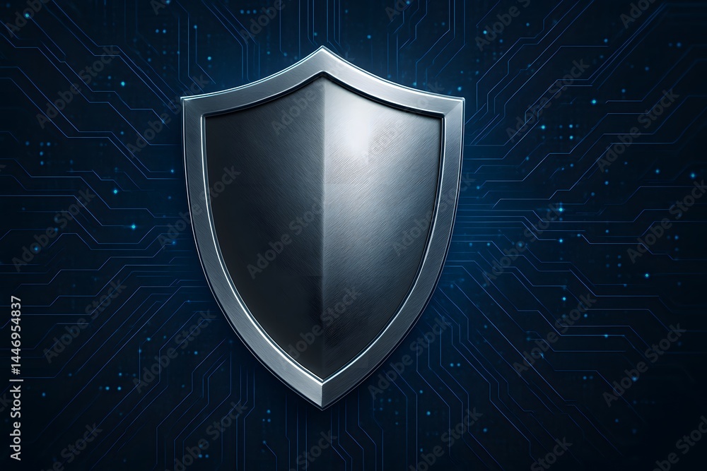 Poster Metallic Shield on Digital Background Representing Cybersecurity Theme