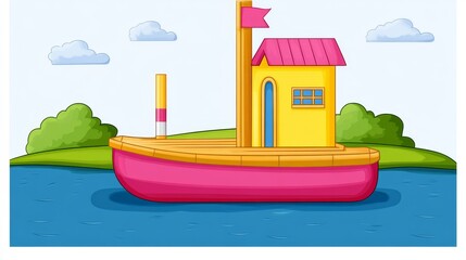 Obraz premium Cartoonish pixelated boat house with pink hull and yellow cabin sailing on a blue lake with green shoreline and playful clouds in the sky