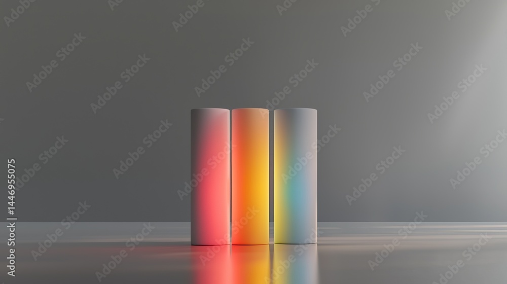 Poster a modern display of colorful cylindrical shapes reflecting light in a minimal setting.