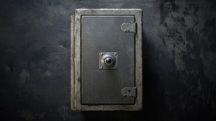 An old metal safe in a secure vault, on a dark black background