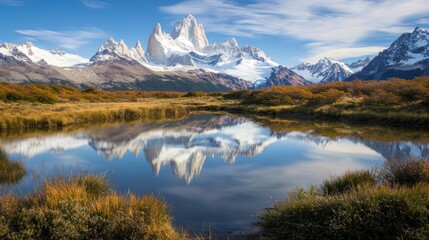 Fototapeta premium Scenic Patagonia landscape with lake reflecting snowy mountains.