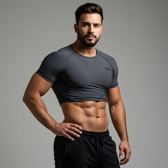 Handsome man in compression shirt and joggers  in studio