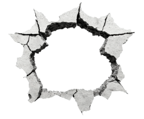 Breaking through cracked concrete wall urban environment isolated on transparent background