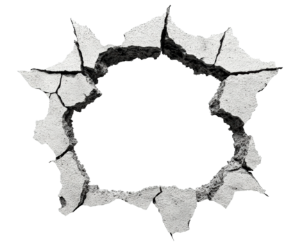 Breaking through cracked concrete wall urban environment isolated on transparent background