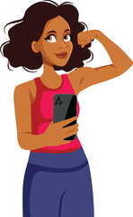 Strong Woman Flexing Muscle Taking Selfies Vector Illustration. Confident sports girl showing off her biceps and strength 