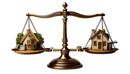 A Scale Weighing Real Estate Against Cash on a Clean White Background