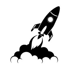 Black and white illustration of a rocket launching into space