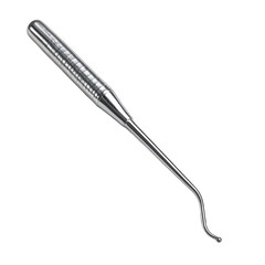Sterile metallic dental instrument with a textured ergonomic grip and specialized curved probing tip.