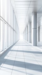 A spacious, modern hallway with bright lighting and minimalistic design elements.
