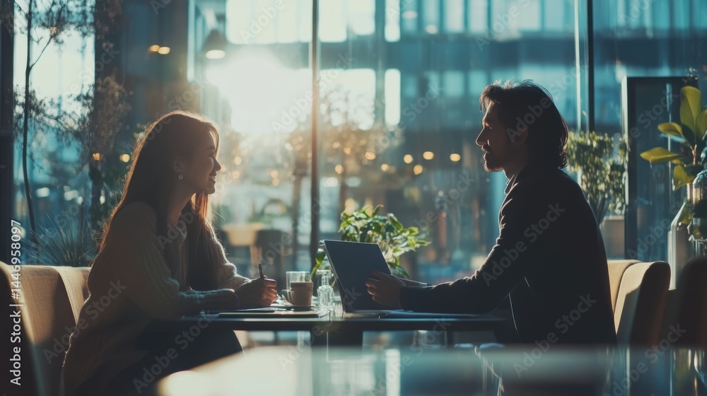 Poster dynamic duo collaborating with technology in modern cafe setting illuminated by sunshine