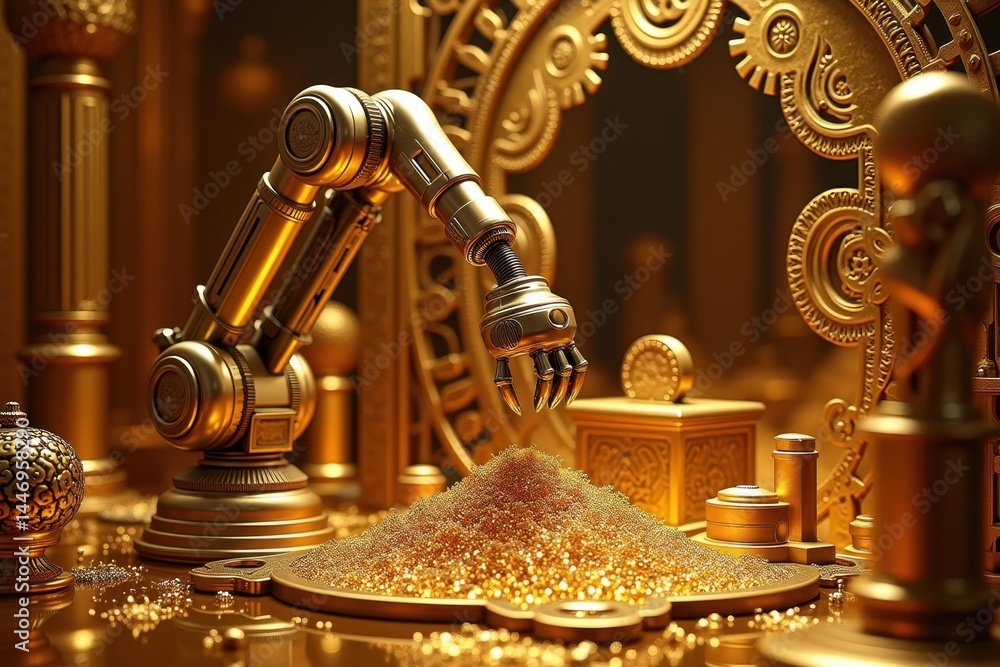 Aufkleber golden hour of progress. robot effortlessly moves sands of time in golden space filled with nostalgi