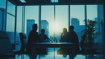 Strategic business discussion in modern office with cityscape at sunrise