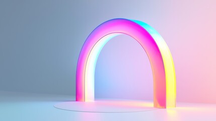 A vibrant, colorful rainbow arch illuminated with soft lighting on a minimalist backdrop.