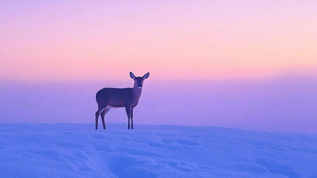Solitary Deer in Winter Wonderland: A Serene Wildlife Moment Captured at Sunset