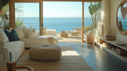 Fototapeta premium Coastal living room with ocean views and modern design.
