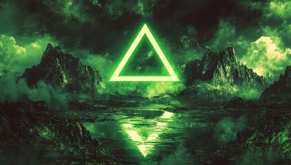 Glowing triangle in a dark, misty mountain landscape