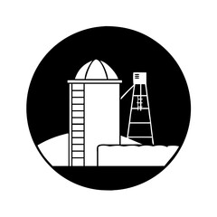 Farm Silo and Water Tower Night Scene Black and White Icon Illustration Graphic Design