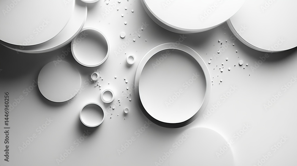 Poster monochromatic composition of layered, dimensional circles and subtle droplets creating a serene and 