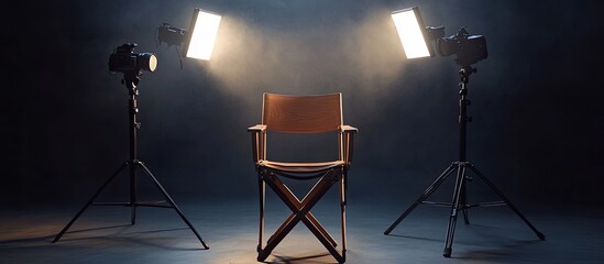 A wooden director's chair sits in the center of a studio, illuminated by two lights on tripods