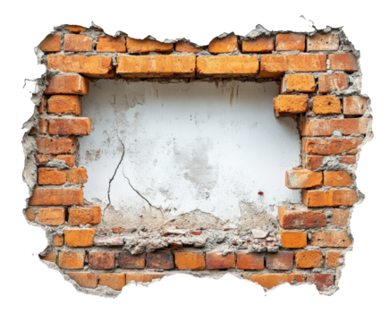 Destructive wall breakage urban environment of damaged brickwork isolated on transparent background