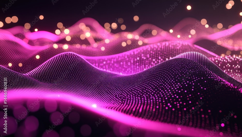 Poster abstract pink and purple particle wave background with glowing bokeh